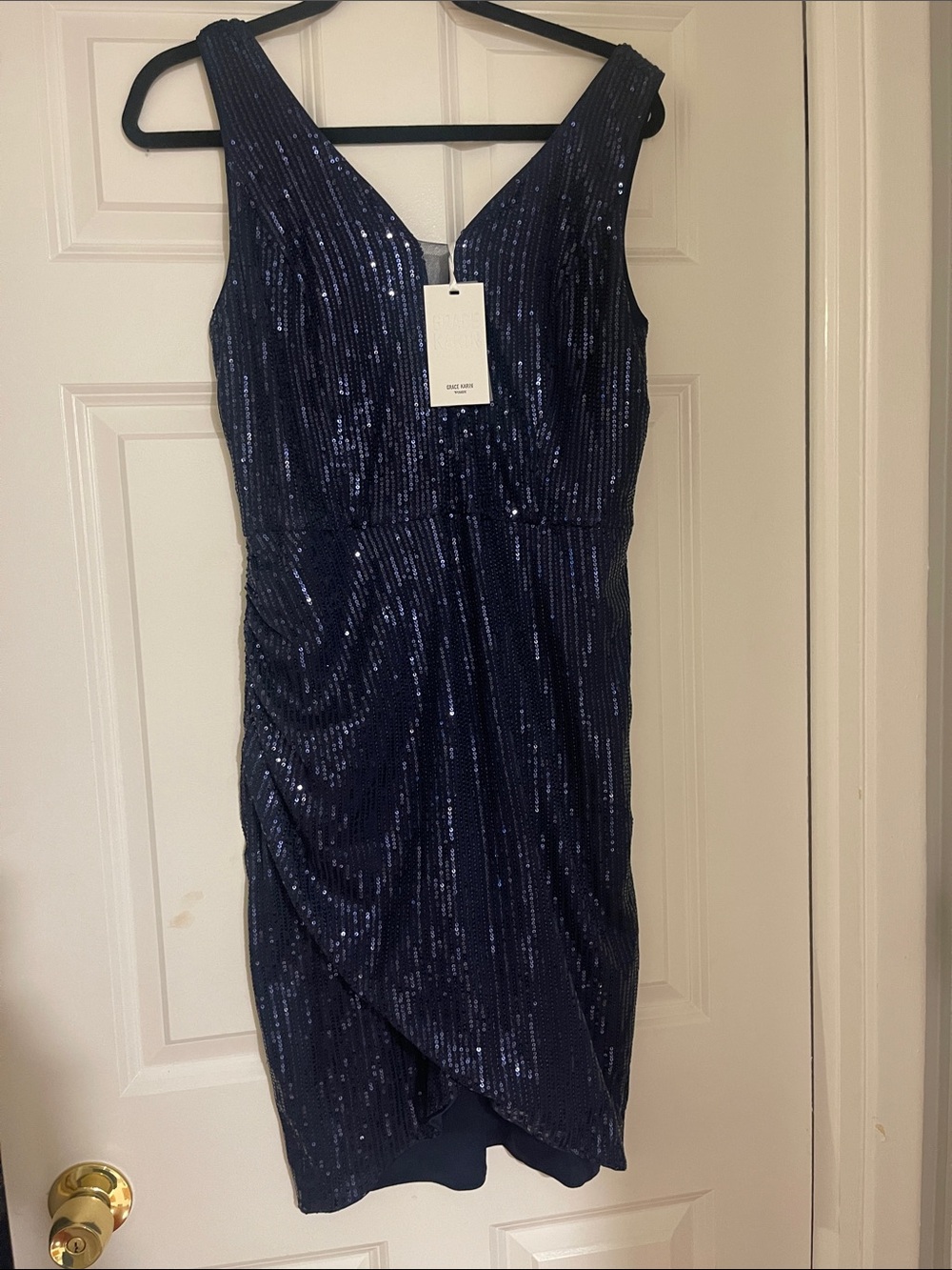 Grace Karin Navy Sequin V-Neck Midi Dress
